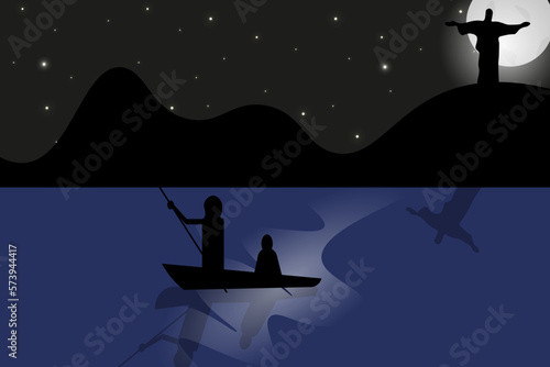 Nighty brazilian landscape with fisherman on a boat and silhouette of jesus christ on the hill. Night on the beach. Art picture with symbol of rio.