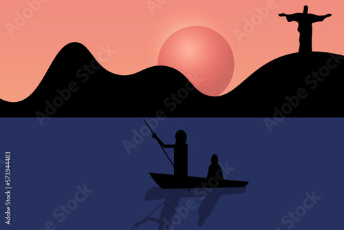 Sunset brazilian landscape with fisherman on a boat and silhouette of jesus christ on the hill. Dawn on the beach. Art picture with symbol of rio.