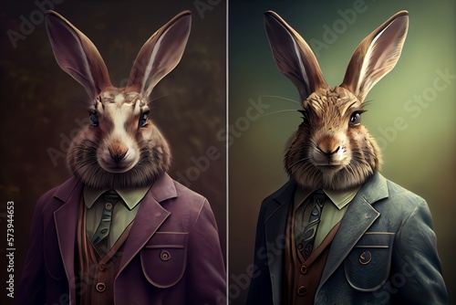 Surreal Mammalian Hybrids creature. half man. half rabbit in mythologie wearing a shirt and jacket easter bunny. illustration. Generative AI