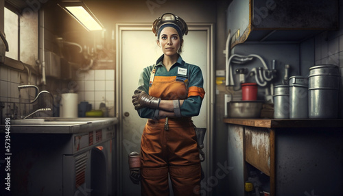 A professional plumber woman working. Gender diversification in professions. World plumbing day. Ai generated.