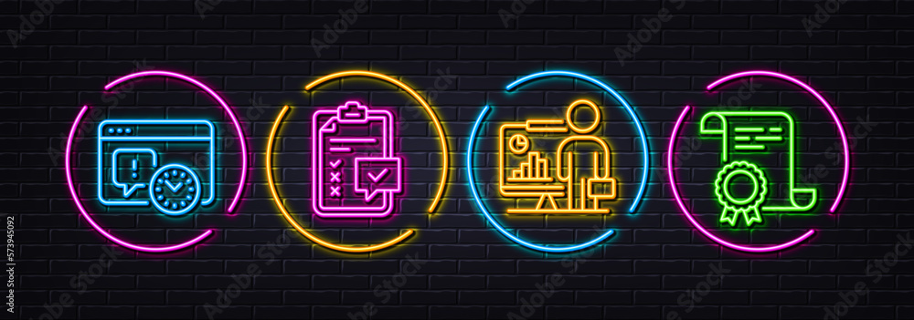 Teacher, Project deadline and Checklist minimal line icons. Neon laser 3d lights. Certificate icons. For web, application, printing. Conference, Time management, Survey. Certified file. Vector Teacher, Project deadline and Checklist minimal line icons. Neon laser 3d lights. Certificate icons. For web, application, printing. Conference, Time management, Survey. Certified file. Vector