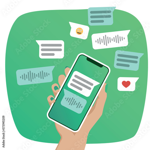 Hand of woman holding smartphones with chat concept in the screen. Audio and text messages with emoji. Vector illustration. Flat colors. 