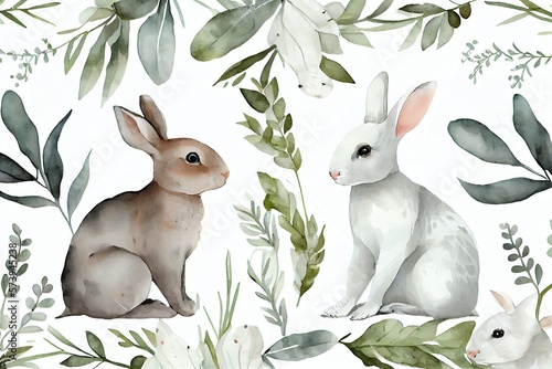 Murais de parede Watercolor seamless pattern with cute white rabbits and leaves