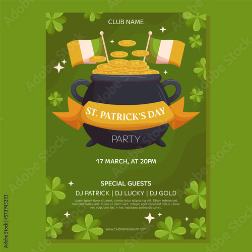 St.Patricks Day holiday Party poster template design. Leprechaun pot ang gold coins, irish flags and ribbon. Event invitation for club and pub