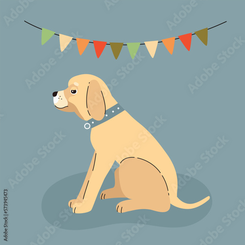 Domestic dog labrador sitting on a holiday, vector flat illustration.
