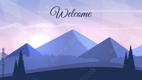 Fototapeta Naklejka Na Ścianę i Meble -  Vector illustration of mountain landscape. Mountains with forest and sunset sky. Design for greetings cards, banners, posters.