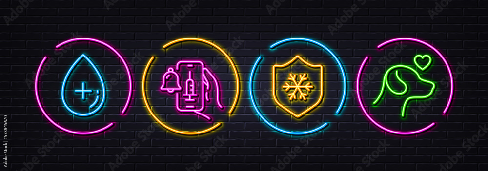 Oil serum, Vaccine announcement and Clean skin minimal line icons. Neon laser 3d lights. Pets care icons. For web, application, printing. Cosmetic care, Vaccination bell, Cold protect. Shelter. Vector
