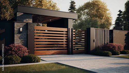 Valokuva Brown automatic wooden entry door