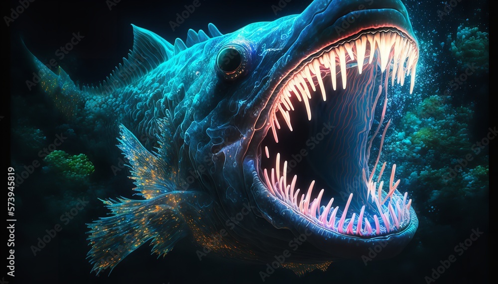Sea monster, Imaginary underwater creature with a mouth full of teeth, Generative Ai.
