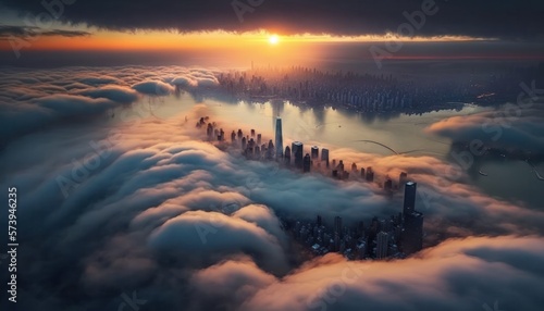 New York City at sunrise, aerial view. Generative ai illustration