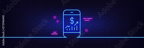 Neon light glow effect. Mobile finance line icon. Business audit sign. Check investment symbol. 3d line neon glow icon. Brick wall banner. Mobile finance outline. Vector