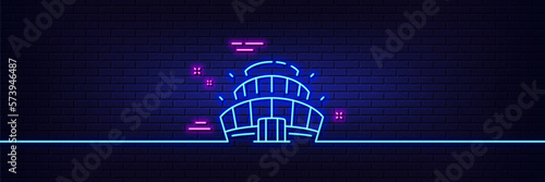 Neon light glow effect. Arena stadium line icon. Competition building sign. Sport complex symbol. 3d line neon glow icon. Brick wall banner. Arena stadium outline. Vector