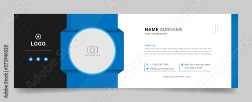 Business email signature with an author photo place modern and stylish layout with white black background, blue shape and text design