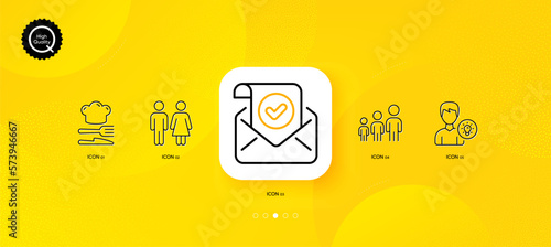 Business hierarchy, Confirmed mail and Person idea minimal line icons. Yellow abstract background. Food, Restroom icons. For web, application, printing. Vector