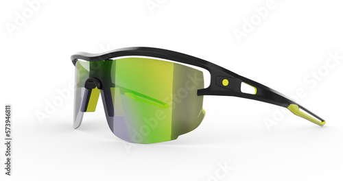 Sporty sunglasses on isolated white background. Green and black sporty reflective smart sunglasses or eyewear.