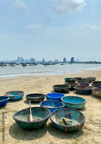 Fishermen's bamboo boats in Da Nang, Vietnam.