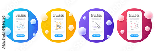 Minimal set of Sunny weather, Eye checklist and Certificate line icons for web development. Phone ui interface mockup with balls. Face id icons. Hold sun, Optometry, Best employee. Vector