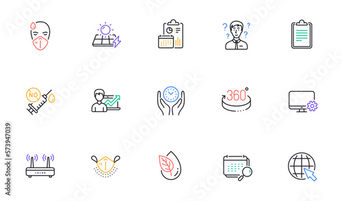 Wifi, Sick man and Medical mask line icons for website, printing. Collection of Solar panels, Support consultant, Calendar icons. Safe time, Coronavirus vaccine, Report web elements. Vector