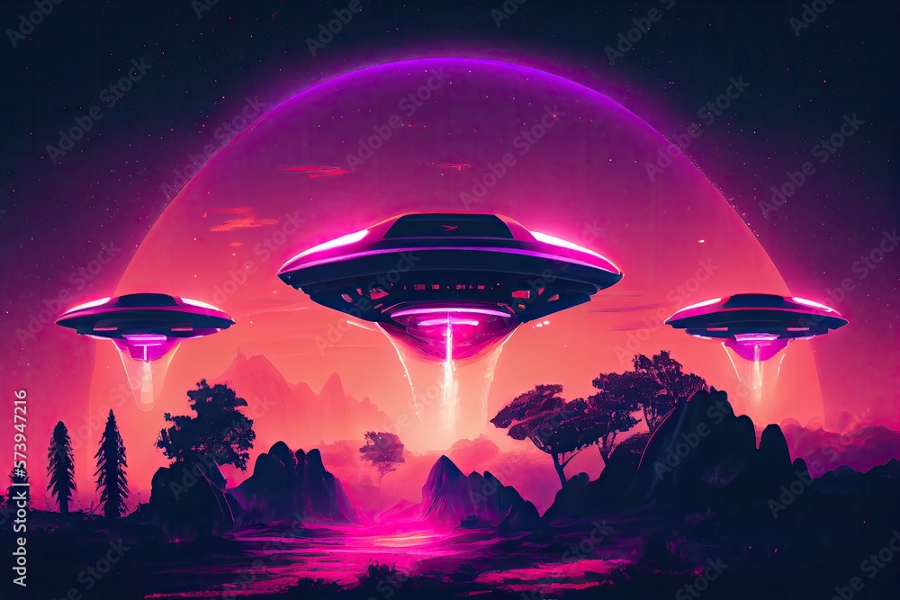 A scene where three futuristic retro UFOs are landing on the surface, with a large bright gradient background. Generative AI. A scene where three futuristic retro UFOs are landing on the surface, with a large bright gradient background. Generative AI.
