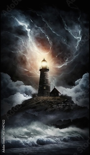  a painting of a lighthouse in the middle of a storm. generative ai