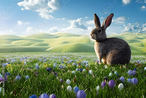Cute Bunny rabbit sitting in a dreamy field at Easter during the spring season. Generative AI