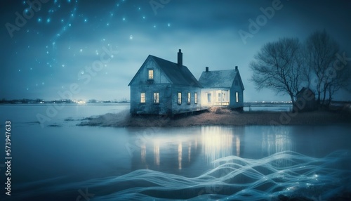  a painting of a house by the water at night with stars in the sky. generative ai