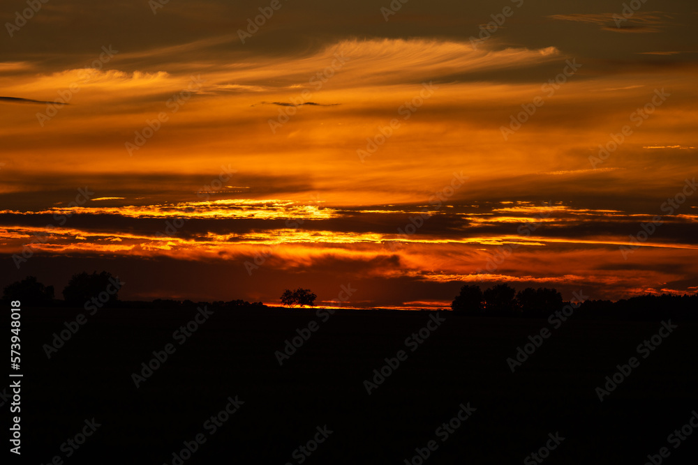 sunset landscape with cloudy orange sky and small silhouettes of trees on the horizon. Storm