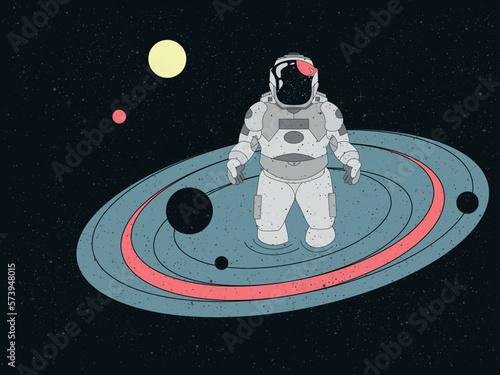 Astronaut entering parallel Universe through the round portal in abstract space