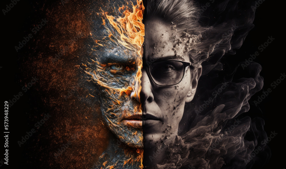 Fototapeta premium Dual Concept Portrait of a Woman, Half in Fiery Orange Textures and Half in Ashy Grey, Representing the Contrast of Passion and Calm