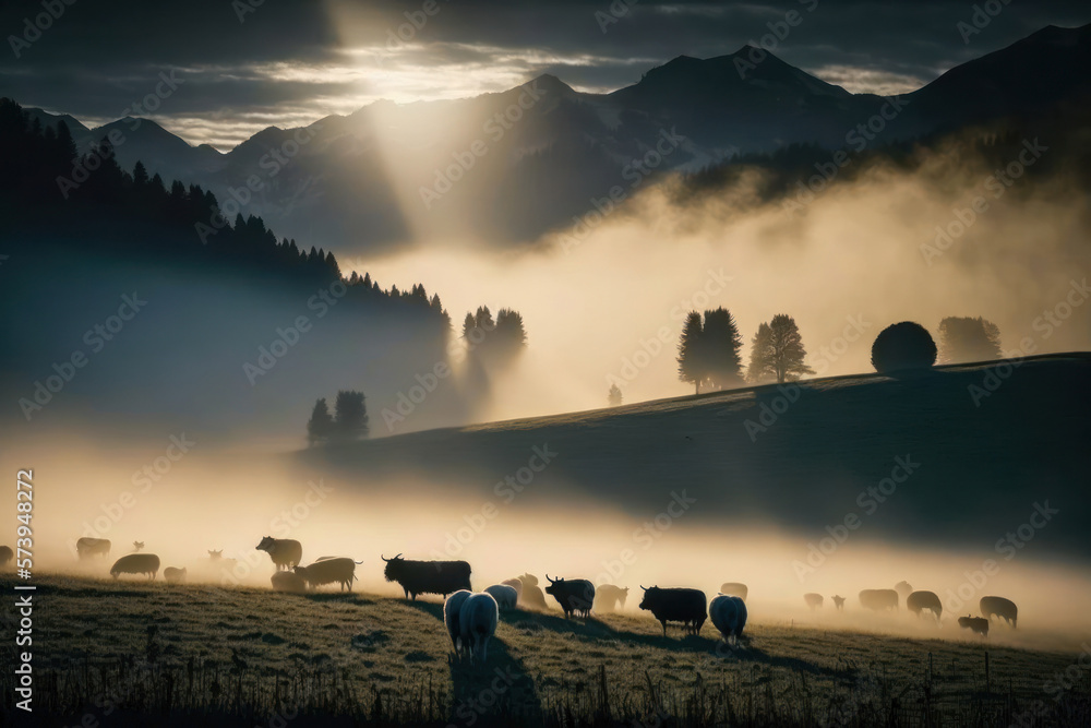 A herd of cows is grazing in the background of foggy  valley among the mountains at dawn. Photorealistic illustration Generated by AI.