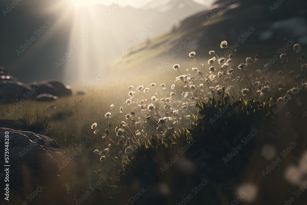 Wildflowers in the sun at dawn against the backdrop of foggy mountains. Photorealistic drawing generated by AI.