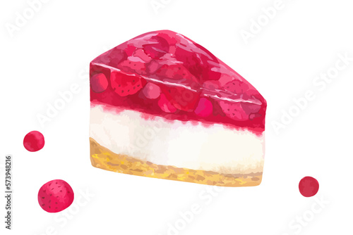 Vector cheesecake strawberry with jelly and berries. Hand drawn watercolor food pastry illustration for menu, cafe. Isolated on white background.