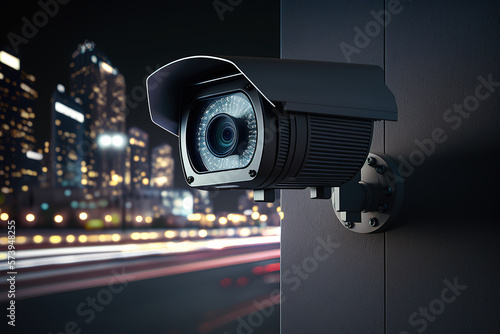 CCTV camera on the facade of the building, public safety of the urban environment, technology for surveillance at night on the street. Property protection. Generative AI.