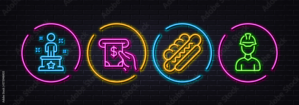 Hotdog, Success and Atm service minimal line icons. Neon laser 3d lights. Foreman icons. For web, application, printing. Bread with sausage, Winner person, Cash investment. Architect person. Vector