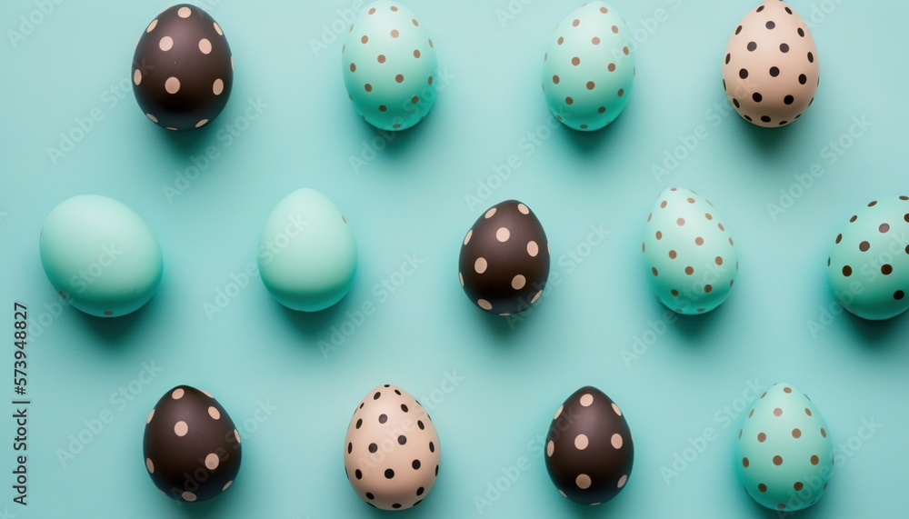  a group of eggs with polka dots on them on a blue surface.  generative ai