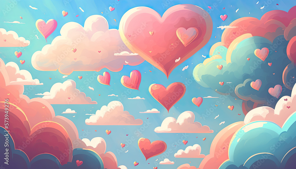 Watercolor hand painted background. Clouds and hearts in vivid colors. Creative background or wallpapers. Wedding, St. Valentine's day or kids concept. Generative AI Watercolor hand painted background. Clouds and hearts in vivid colors. Creative background or wallpapers. Wedding, St. Valentine's day or kids concept. Generative AI