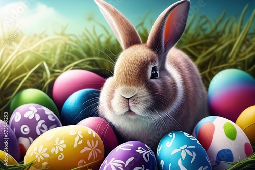 Easter bunny with colorful eggs in green grass