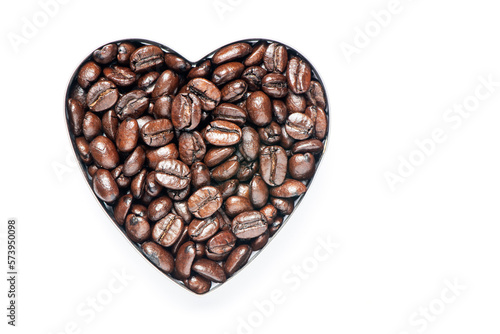 Close shot of Roasted Coffee Beans on heart shape.