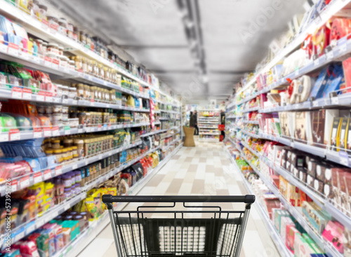 Abstract blurred supermarket. choosing a dairy products at supermarket.empty grocery cart in an empty supermarket