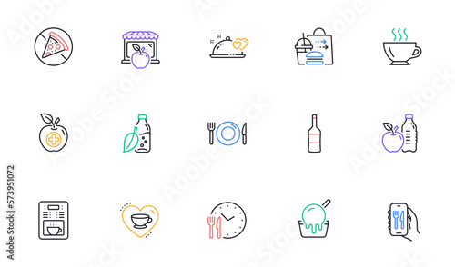 Love coffee, Food and Ice cream line icons for website, printing. Collection of Medical food, Coffee maker, Wine icons. Romantic dinner, Market, Restaurant app web elements. Water bottle. Vector