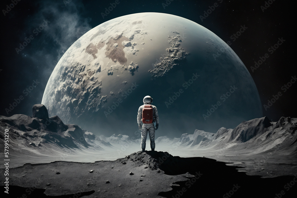 An Astronaut standing on the moon looking at a large earth like planet.