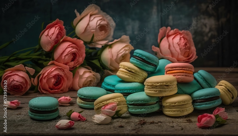  a pile of macaroons sitting on top of a wooden table.  generative ai