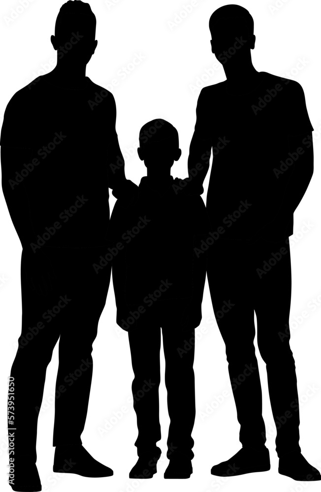Silhouette of LGBT family having fun with a little son. Happy gay couple playing with an adopted child. Vector flat-style illustration isolated on white	
