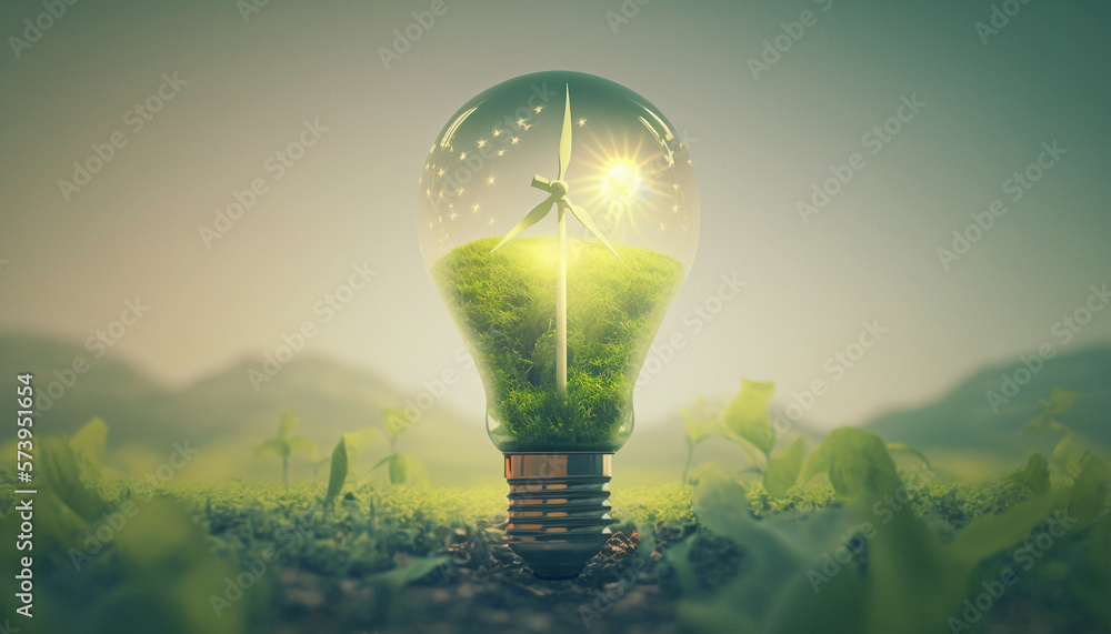 light bulb with a wind turbine inside. Concept of green energy saving ...