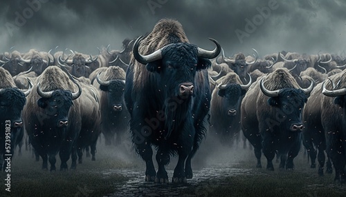  a large herd of buffalo walking across a field under a cloudy sky. generative ai