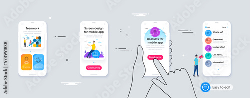Set of Swipe up, Computer fingerprint and Handshake line icons. Phone ui interface. Include Brand ambassador, Leadership, Person idea icons. Work home, Education, Recruitment web elements. Vector