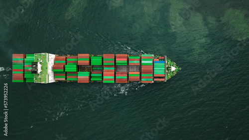 cargo container ship sailing in sea to import export goods and distributing products to dealer and consumers