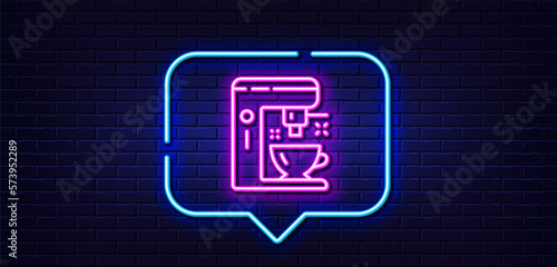Neon light speech bubble. Coffee maker line icon. Tea machine sign. Hotel service symbol. Neon light background. Coffee maker glow line. Brick wall banner. Vector