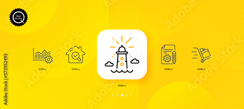 Push cart, Operational excellence and Lighthouse minimal line icons. Yellow abstract background. Documentation, Inspect icons. For web, application, printing. Vector