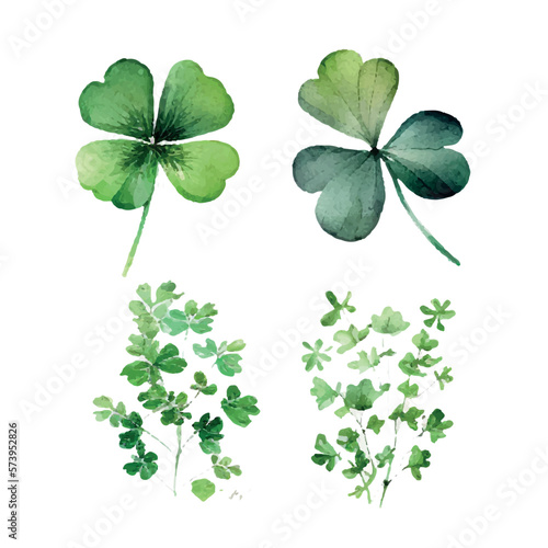 Clover leaves set - quarterfoil and trefoil. Watercolor vector illustration. Patricks Day design element.